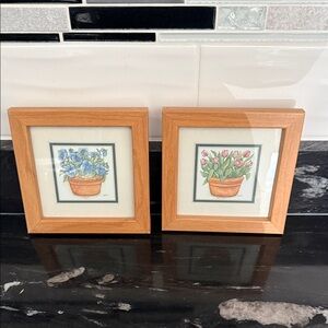 Pair Of 1993 Robert Grace Framed Flower In Pots Art Print Wall Mounted 6”x6”